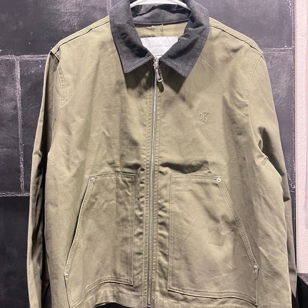 Calvin Klein Jeans Olive Zip Shirt Jacket with Black Collar